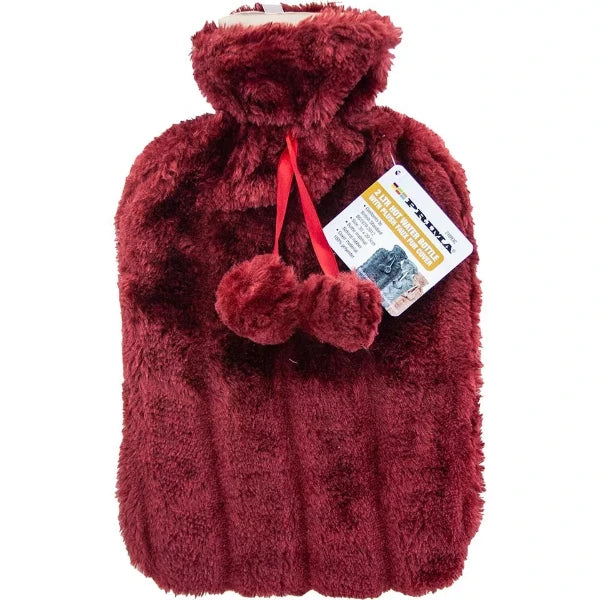 Winter Cold Natural Rubber Hot Water Bottle with Cover Cosy Fur Pom Pom 2L Aprox