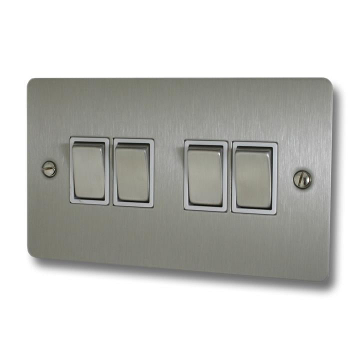 Flat Brushed Steel Light Switch (4 Gang/White Insert/Satin Chrome Switches) - G+H FSS204