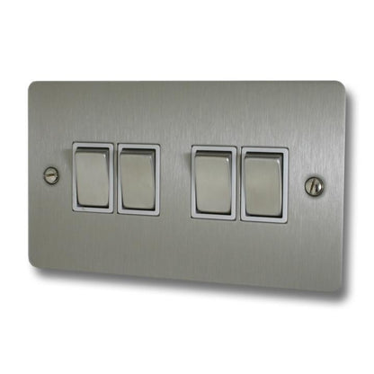 Flat Brushed Steel Light Switch (4 Gang/White Insert/Satin Chrome Switches) - G+H FSS204