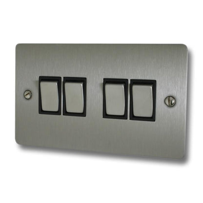 Flat Brushed Steel Light Switch (4 Gang/White Insert/Satin Chrome Switches) - G+H FSS204