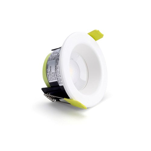 LUXFIRE II FIRE RATED DOWNLIGHT 70MM CUTOUT IP65 7W 840LM 3000/4000/5000 SWITCHABLE CCT 120LM/W 55 DEG BEAM DIMMABLE WHITE INTEGRAL